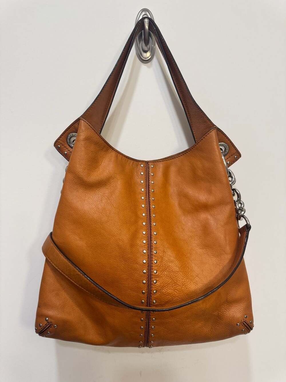 Michael Kors Uptown Astor Brown Leather Studded Hobo Bag Silver Hardware